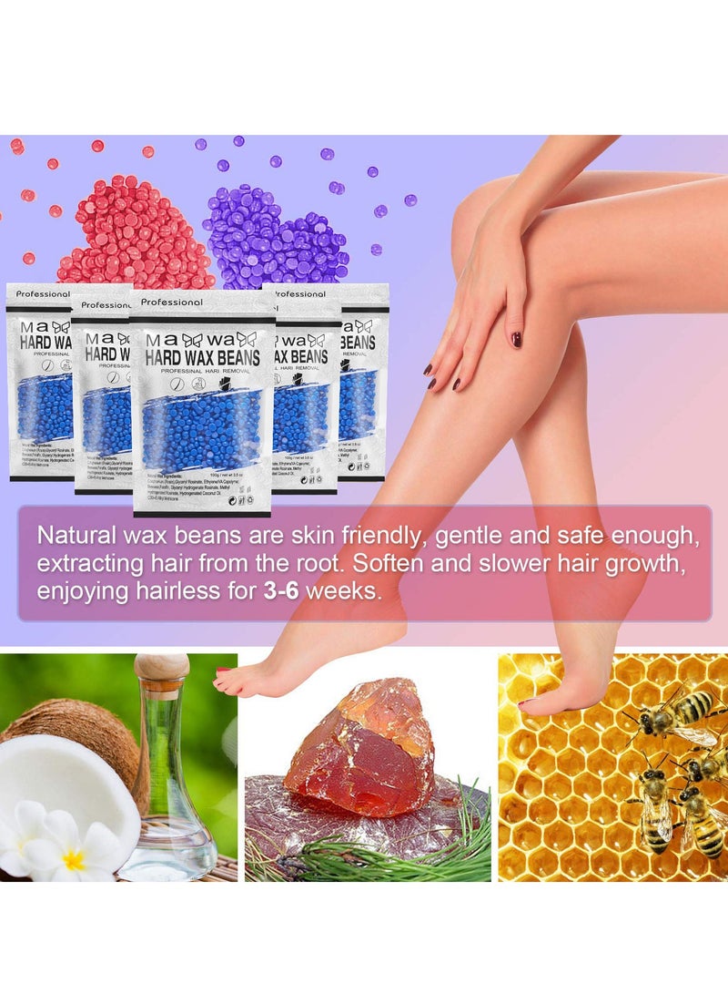Hard Wax Beads for Hair Removal with 10 Sticks, Wax Beads for Sensitive Skin, Body Wax Beads for Thick Hair, Waxing Beads for Face, Eyebrows, Body, Home(100g/pack) (5pack, Chamomile) - Image 2