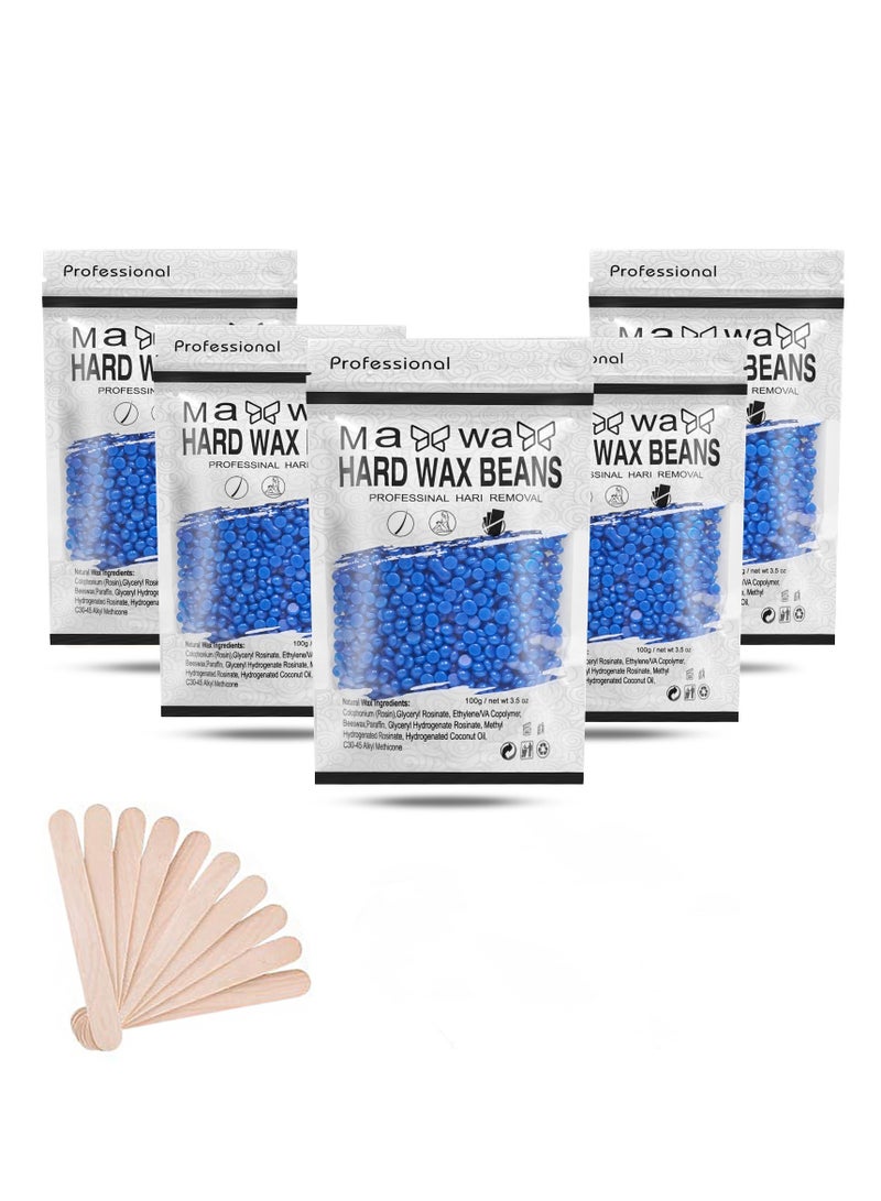 Hard Wax Beads for Hair Removal with 10 Sticks, Wax Beads for Sensitive Skin, Body Wax Beads for Thick Hair, Waxing Beads for Face, Eyebrows, Body, Home(100g/pack) (5pack, Chamomile) - Image 1