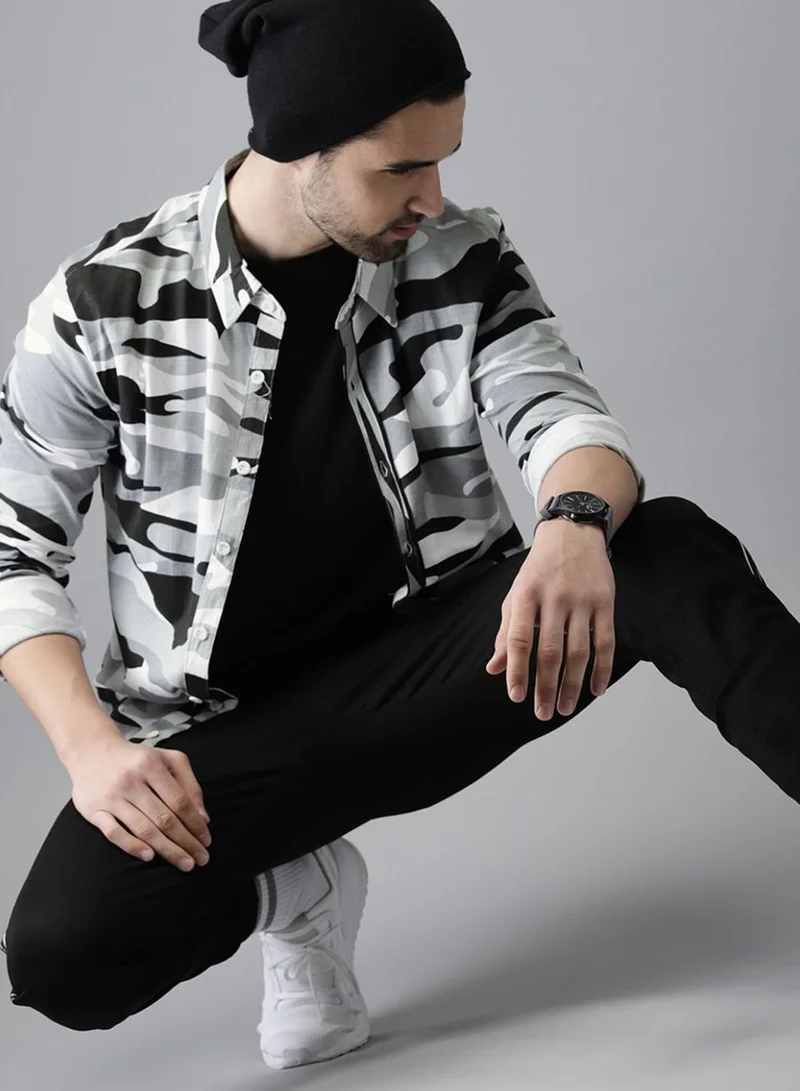 كامبوس سوترا Campus Sutra Men's Grey Camouflage Shirt For Casual Wear | Spread Collar | Long Sleeve | Button Closure | Cotton Shirt Crafted With Comfort Fit For Everyday Wear