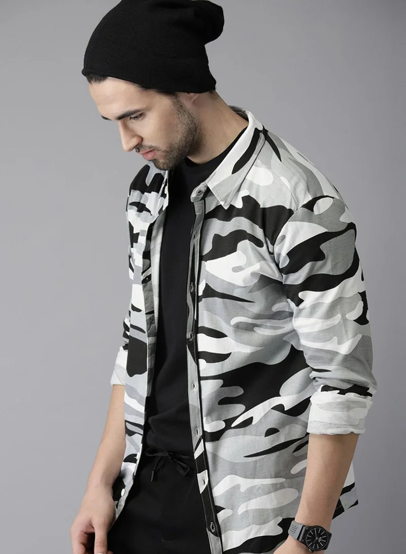كامبوس سوترا Campus Sutra Men's Grey Camouflage Shirt For Casual Wear | Spread Collar | Long Sleeve | Button Closure | Cotton Shirt Crafted With Comfort Fit For Everyday Wear