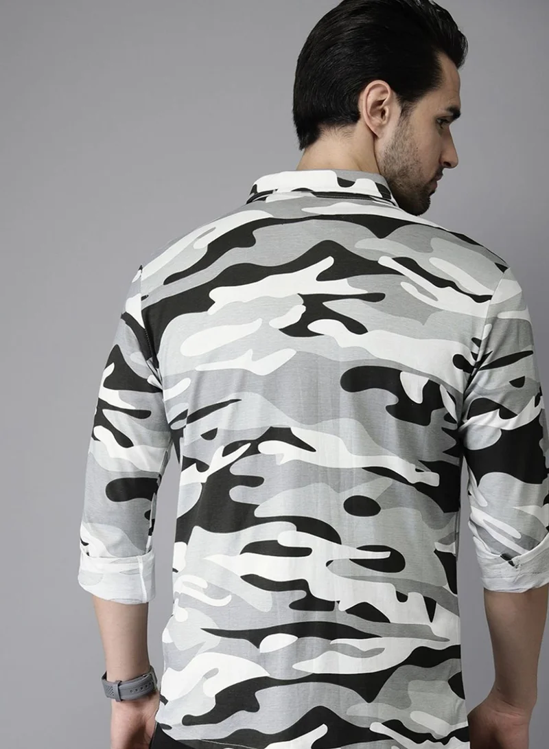 Campus Sutra Campus Sutra Men's Grey Camouflage Shirt For Casual Wear | Spread Collar | Long Sleeve | Button Closure | Cotton Shirt Crafted With Comfort Fit For Everyday Wear