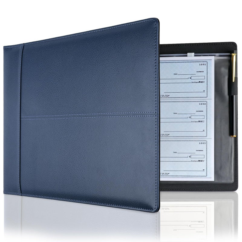 MOWPOG Professional 7 Ring Business Checkbook Binder  Premium Pu Leather Organizer For 3-On-A-Page Checks  Perfect For Business And Personal Finances  Fits 9X13 Inch Sheets  600 Check Capacity (Blue) - Image 1