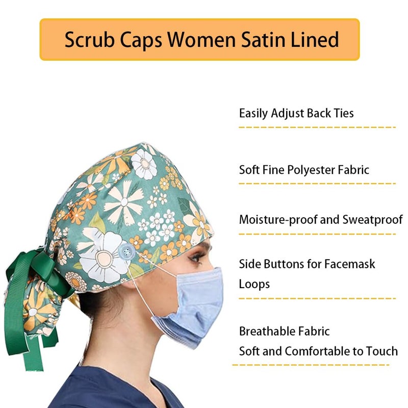 LZDGCC 8Pcs Satin Lined Scrub Caps Women, Surgical Caps for Women, Adjustable Scrub Hats Womens Ponytail with Button and Sweatband, Nurse Cap for Unisex, Working Cap, Elastic Ponytail Pouch Tie Back - Image 2