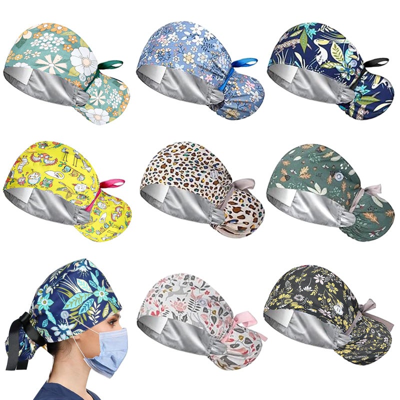 LZDGCC 8Pcs Satin Lined Scrub Caps Women, Surgical Caps for Women, Adjustable Scrub Hats Womens Ponytail with Button and Sweatband, Nurse Cap for Unisex, Working Cap, Elastic Ponytail Pouch Tie Back - Image 1