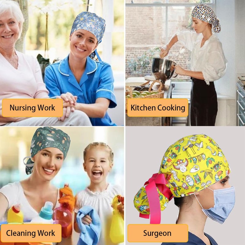 LZDGCC 8Pcs Satin Lined Scrub Caps Women, Surgical Caps for Women, Adjustable Scrub Hats Womens Ponytail with Button and Sweatband, Nurse Cap for Unisex, Working Cap, Elastic Ponytail Pouch Tie Back - Image 5