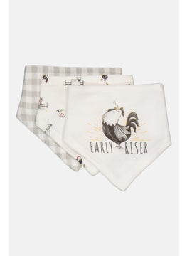 Rabbit + Bear Toddlers Boy 3Pcs Printed Bandana Bib, White Combo  - Image 1