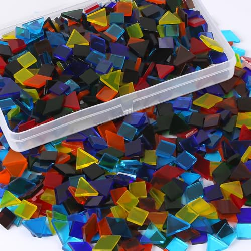 Aunifun 800 PCS Mixed Color Mosaic Tiles, Stained Transparent Glass Mosaic Pieces with Organizer Box for DIY Crafts Home Decoration, Triangle Square and Rhombus - Image 1