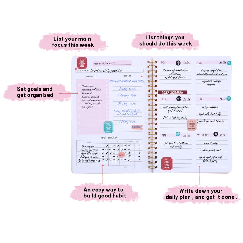 Thboxes Undated Weekly Planner with Habit Tracker, 52 Weeks To Do List Notebook A5 Weekly Goal Planner with Spiral Binding & Stickers Home Work School Supplies for Women Girls 8.2" x 5.7" - Pink - Image 3
