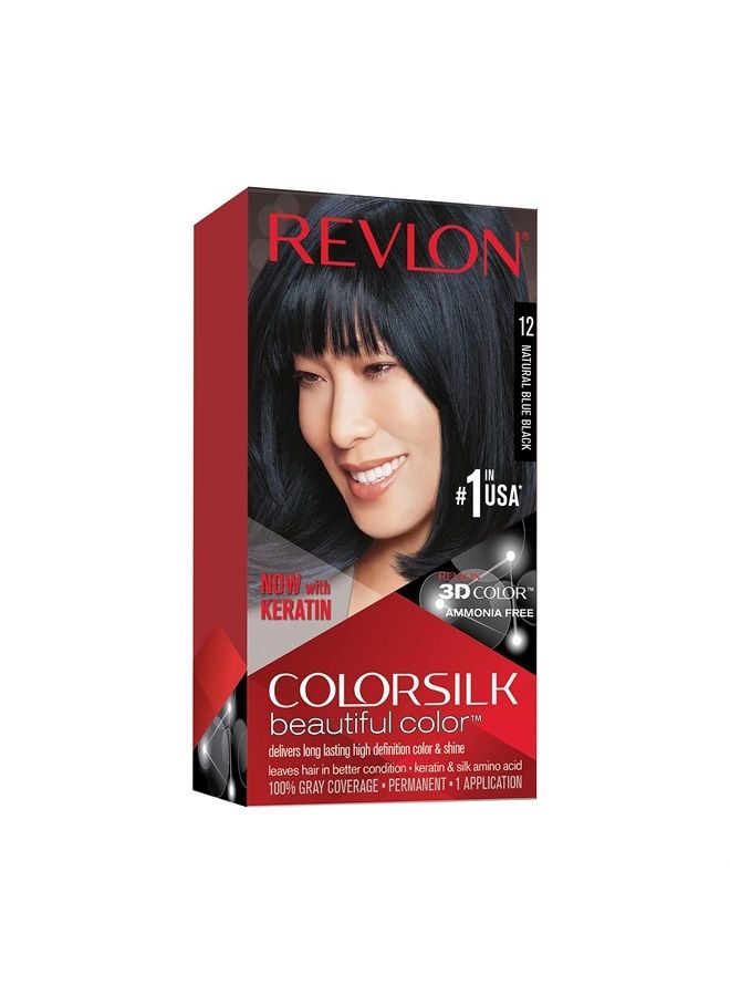 Revlon Permanent Hair Color, Permanent Hair Dye, Colorsilk with 100% Gray Coverage, Ammonia-Free, Keratin and Amino Acids, 12 Natural Blue Black, 4.4 Oz (Pack of 1) - Image 1