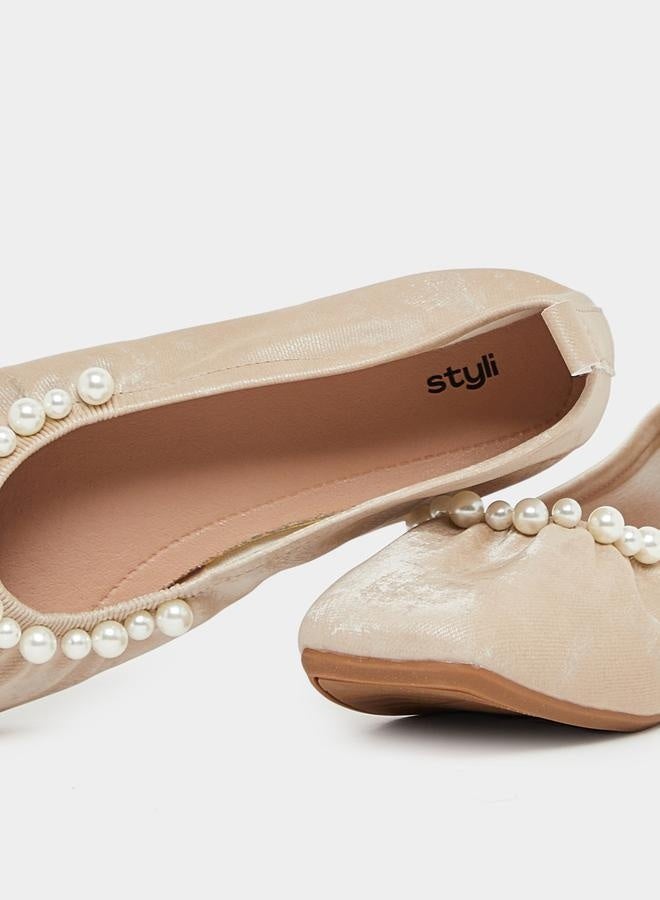 Styli Faux Pearl Embellished Ballerina Shoes  - Image 4