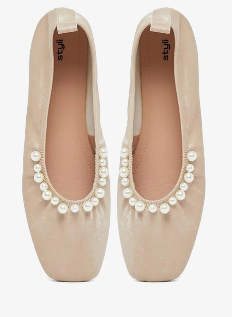 Styli Faux Pearl Embellished Ballerina Shoes