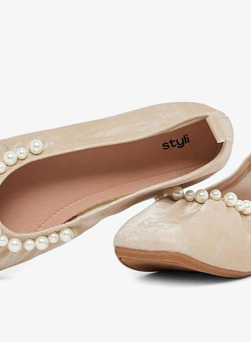 Styli Faux Pearl Embellished Ballerina Shoes