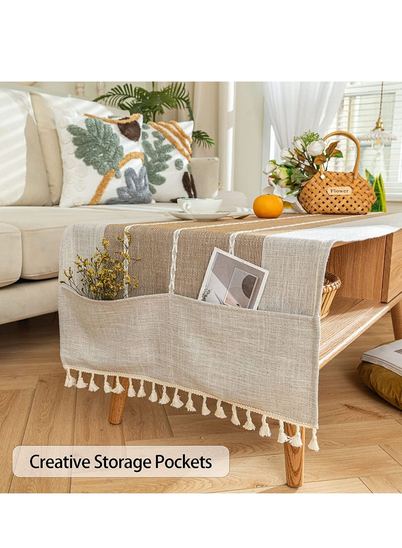 SYOSI Nightstand Cover, Rectangle Bedside Tablecloth with Pockets and Tassel, Cotton Linen Waterproof Small Tablecloth TV Cabinet Washer Dryer Fridge Top Dust Cover-R-16 x 36 inch - Image 2