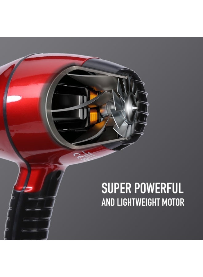 أي كونيك مجفف الشعر أيكونيك بروفيشنال برو 2200، باللون الأسود والأحمر، مزود بمحرك قوي بقدرة 2200 واط، مع إعدادين للحرارة وسرعتين بالإضافة إلى زر الهواء البارد، يتميز بوظيفة التشغيل الهادئ وتقنية الحماية من السخونة الزائدة، ويأتي مع فوهتين وناشر هواء واحد (Diffuser)، مناسب لجميع أنواع الشعر. - Image 2