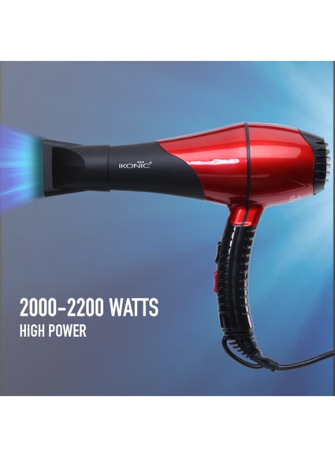 أي كونيك مجفف الشعر أيكونيك بروفيشنال برو 2200، باللون الأسود والأحمر، مزود بمحرك قوي بقدرة 2200 واط، مع إعدادين للحرارة وسرعتين بالإضافة إلى زر الهواء البارد، يتميز بوظيفة التشغيل الهادئ وتقنية الحماية من السخونة الزائدة، ويأتي مع فوهتين وناشر هواء واحد (Diffuser)، مناسب لجميع أنواع الشعر. - Image 4