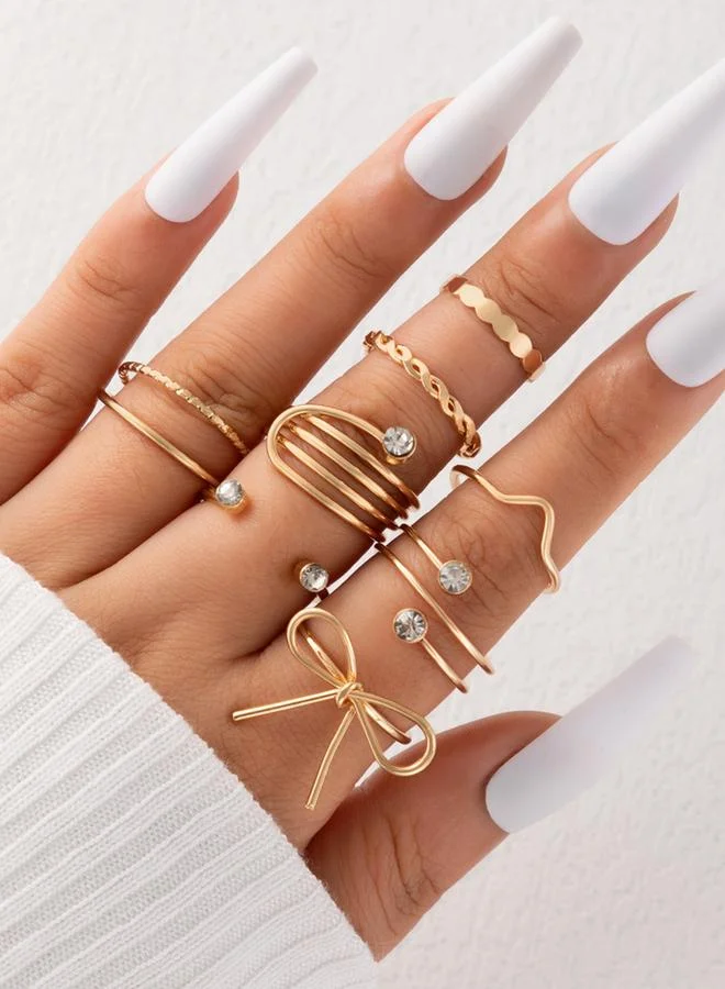 Take Two Pack of 8 - Gold Tone Rhinestone Embellished Rings