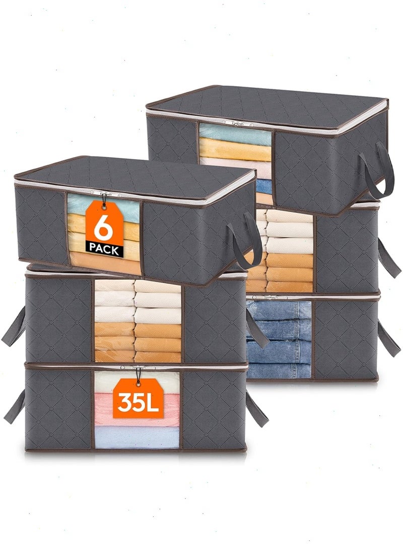 بوميفار أكياس تخزين ملابس 35 لتر ، 6 عبوات قابلة للطي تحت السرير ، غطاء تخزين لحاف ، منظم خزانة ، نافذة شفافة من القماش الصلب للملابس ، رمادي - Image 1