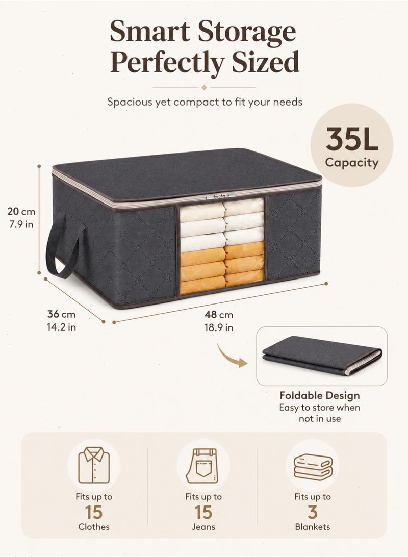 Pomefar 35L Clothes Storage Bags, 6 Pack Foldable Under Bed Storage Box, Duvet Storage Cover, Closet Organizer, Clear Window in Solid Fabric for Clothes, Grey - Image 2