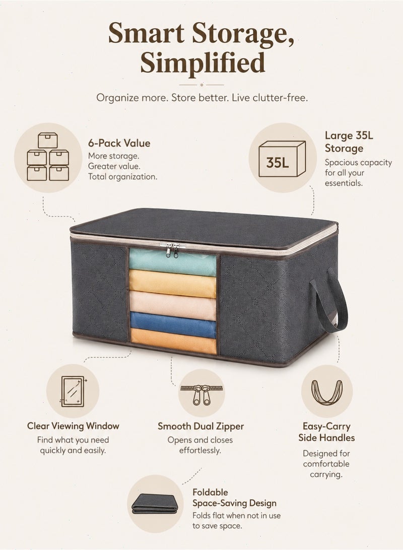 Pomefar 35L Clothes Storage Bags, 6 Pack Foldable Under Bed Storage Box, Duvet Storage Cover, Closet Organizer, Clear Window in Solid Fabric for Clothes, Grey - Image 3