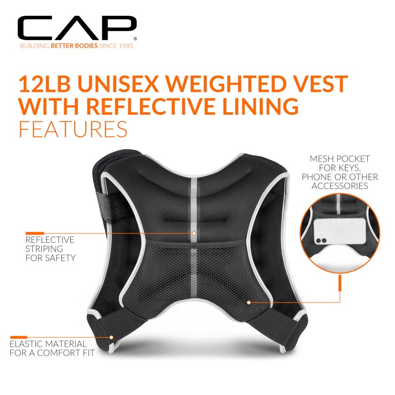 CAP 12LB Weighted Vest Black â€“ Unisex Workout Vest with Reflective Stripes, Phone Pouch, and Adjustable Fit for Walking, Running, Cardio, Strength Training - Image 4