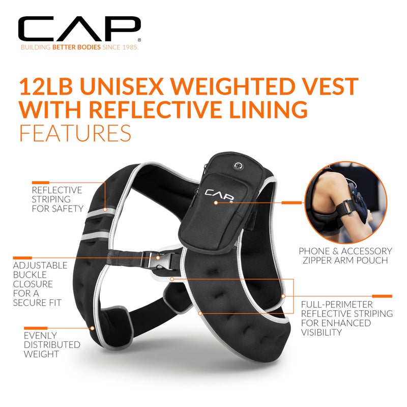 CAP 12LB Weighted Vest Black â€“ Unisex Workout Vest with Reflective Stripes, Phone Pouch, and Adjustable Fit for Walking, Running, Cardio, Strength Training - Image 3