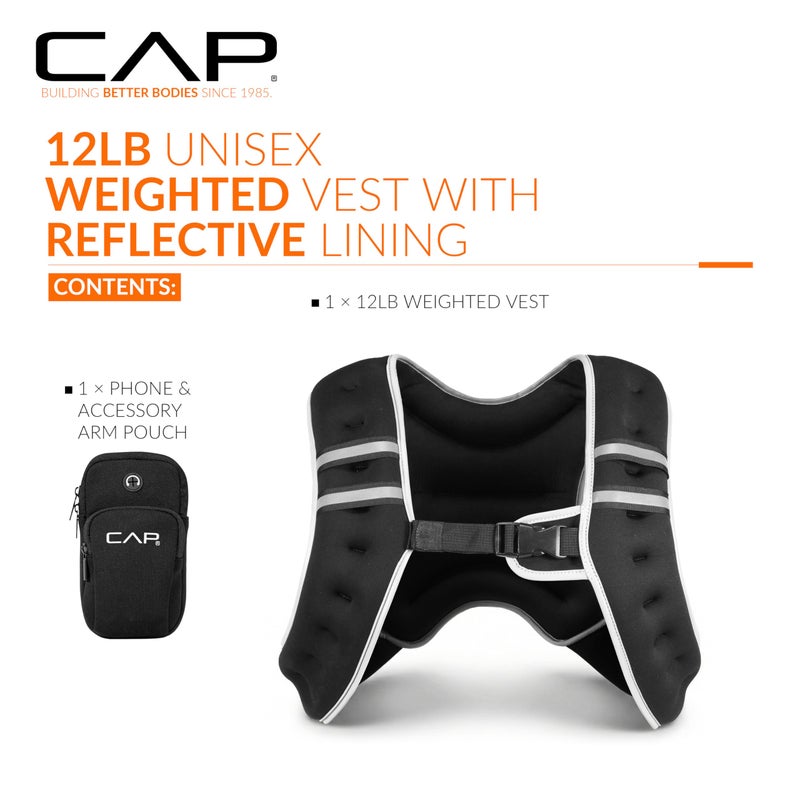 CAP 12LB Weighted Vest Black â€“ Unisex Workout Vest with Reflective Stripes, Phone Pouch, and Adjustable Fit for Walking, Running, Cardio, Strength Training - Image 2