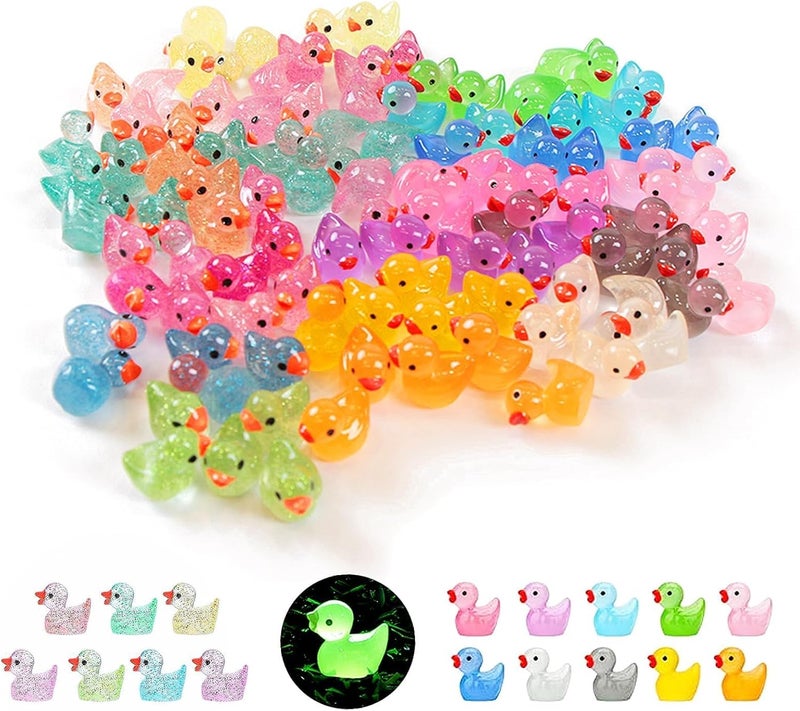 HZYH 100 Pcs Mini Ducks Glitter Resin Figures, Glow In The Dark Tiny Duck Animals For Dollhouse, Aquarium, Fairy Garden Decor - Image 1
