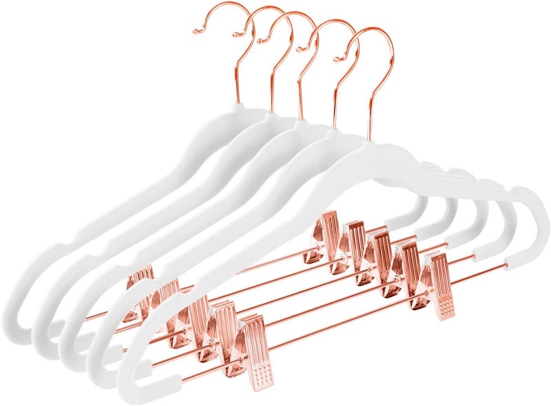 MIZGI Premium Velvet Pants Hangers with Clips (Pack of 20) Slim Skirt Hangers- Non Slip Felt Outfit Dress Hangers White - Copper/Rose Gold Hooks,Space Saving Shirt Clothes Hangers - Image 1