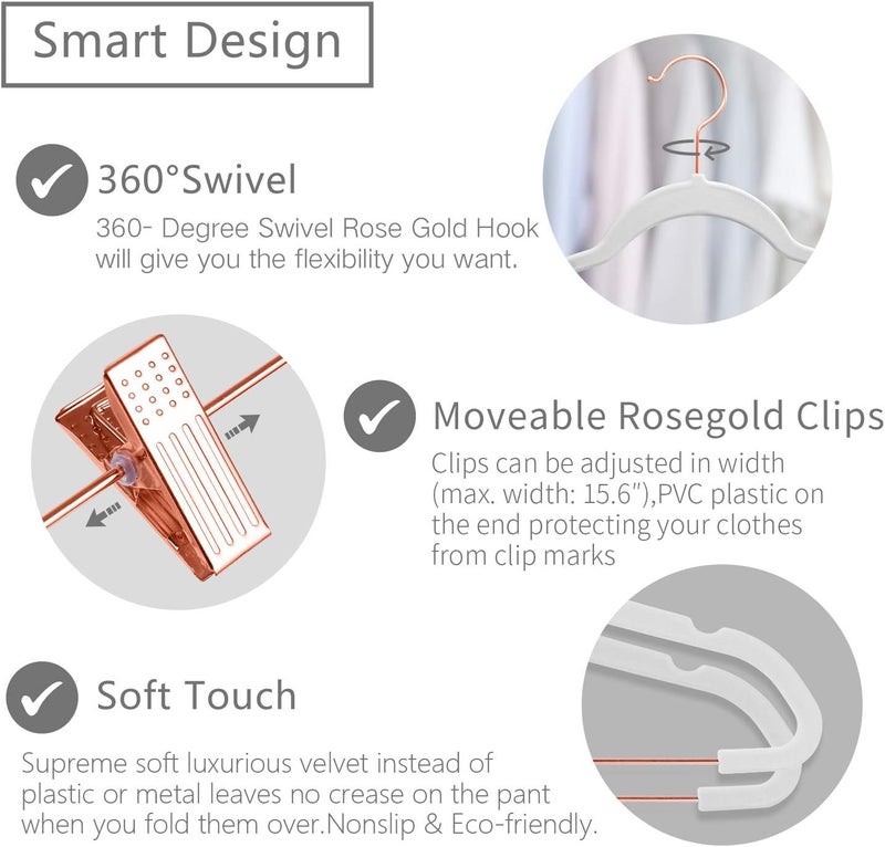 MIZGI Premium Velvet Pants Hangers with Clips (Pack of 20) Slim Skirt Hangers- Non Slip Felt Outfit Dress Hangers White - Copper/Rose Gold Hooks,Space Saving Shirt Clothes Hangers - Image 3