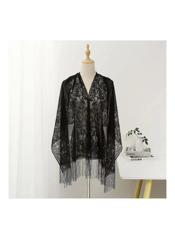 زيمي شال نسائي عصري من الدانتيل، أسود كلون أساسي، 60*200 سم، نمط دانتيل زهري رائع، مزين بشراشيب، أنيق وساحر - Image 4