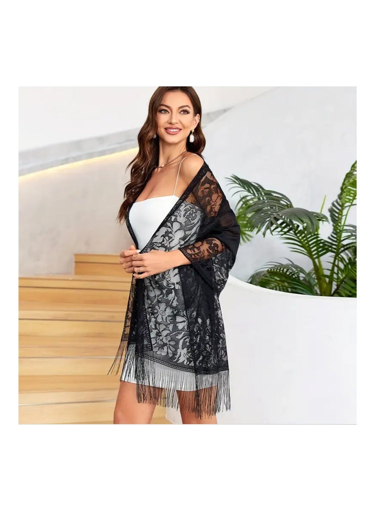 زيمي شال نسائي عصري من الدانتيل، أسود كلون أساسي، 60*200 سم، نمط دانتيل زهري رائع، مزين بشراشيب، أنيق وساحر - Image 2