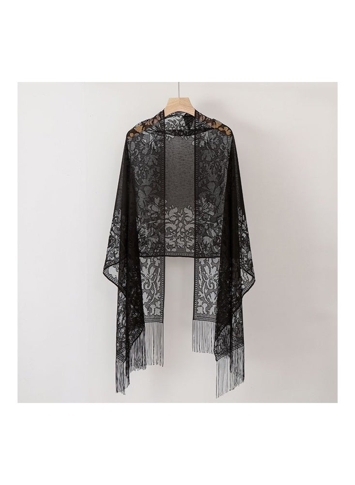 زيمي شال نسائي عصري من الدانتيل، أسود كلون أساسي، 60*200 سم، نمط دانتيل زهري رائع، مزين بشراشيب، أنيق وساحر - Image 5