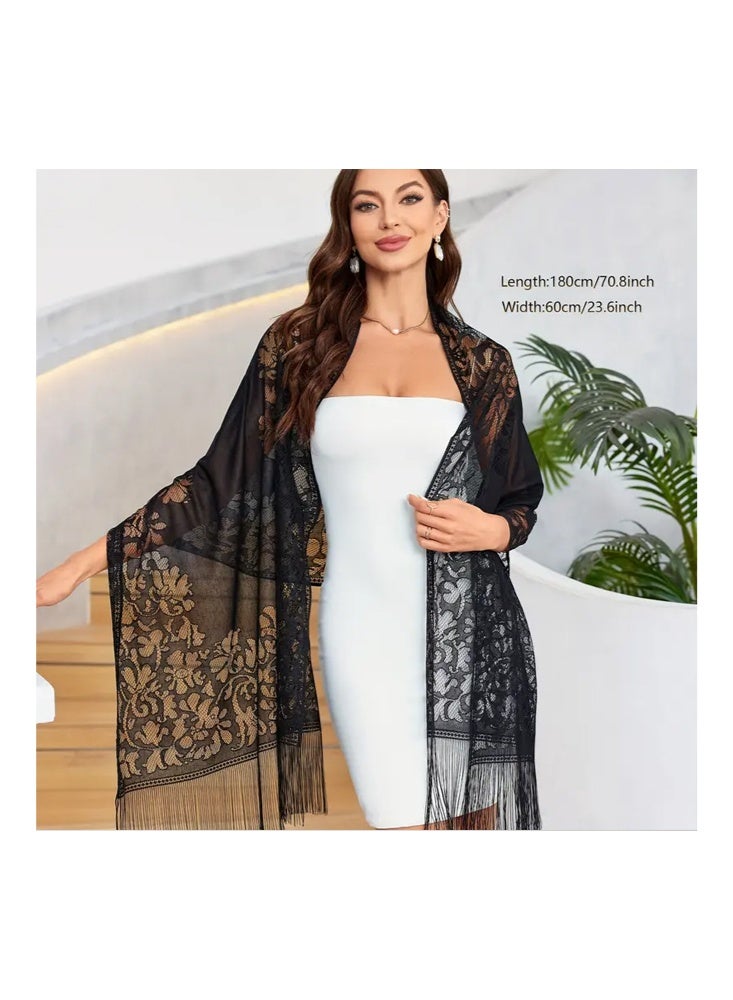 زيمي شال نسائي عصري من الدانتيل، أسود كلون أساسي، 60*200 سم، نمط دانتيل زهري رائع، مزين بشراشيب، أنيق وساحر - Image 3