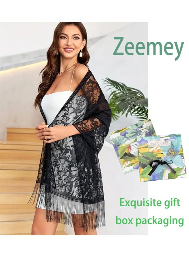 زيمي شال نسائي عصري من الدانتيل، أسود كلون أساسي، 60*200 سم، نمط دانتيل زهري رائع، مزين بشراشيب، أنيق وساحر - Image 1