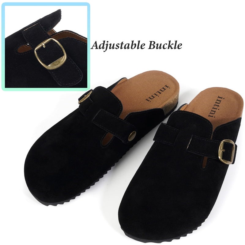 Intini Suede Leather Clogs for Womens Mens Slip on Mules Antislip Cork Sandals with Arch Support Potato Shoes Buckle Black - Image 5