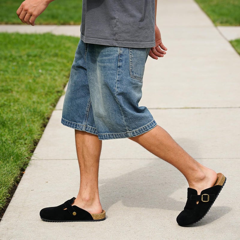 Intini Suede Leather Clogs for Womens Mens Slip on Mules Antislip Cork Sandals with Arch Support Potato Shoes Buckle Black - Image 2