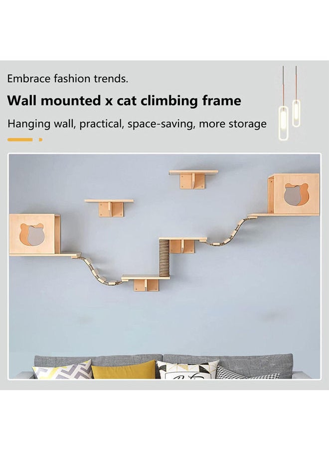 Neostyle - Cat Wall Shelf, Cat Wall Furniture Set and Wall Perch, Floating Cat Wooden Climbing Furniture with 4 Cat Shelves, 2 Cat Houses, 2 Ladders and 1 Cat Scratching Post(Diving platform-L) - Image 1