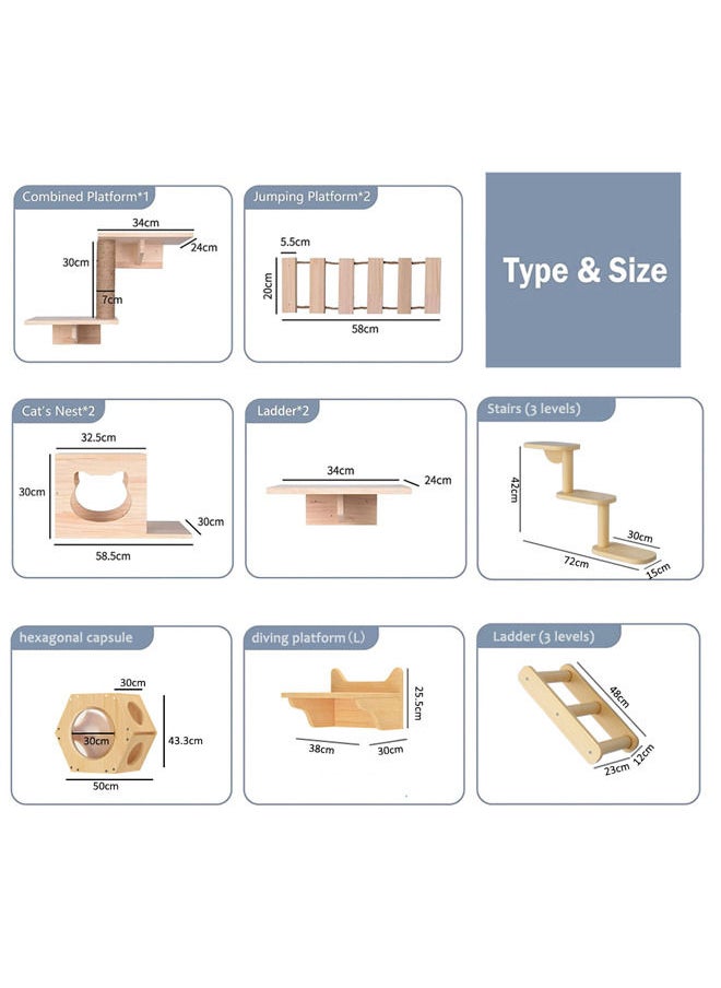 Neostyle - Cat Wall Shelf, Cat Wall Furniture Set and Wall Perch, Floating Cat Wooden Climbing Furniture with 4 Cat Shelves, 2 Cat Houses, 2 Ladders and 1 Cat Scratching Post(Diving platform-L) - Image 1