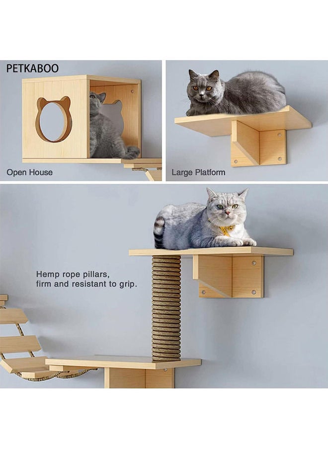 Neostyle - Cat Wall Shelf, Cat Wall Furniture Set and Wall Perch, Floating Cat Wooden Climbing Furniture with 4 Cat Shelves, 2 Cat Houses, 2 Ladders and 1 Cat Scratching Post(Diving platform-L) - Image 1