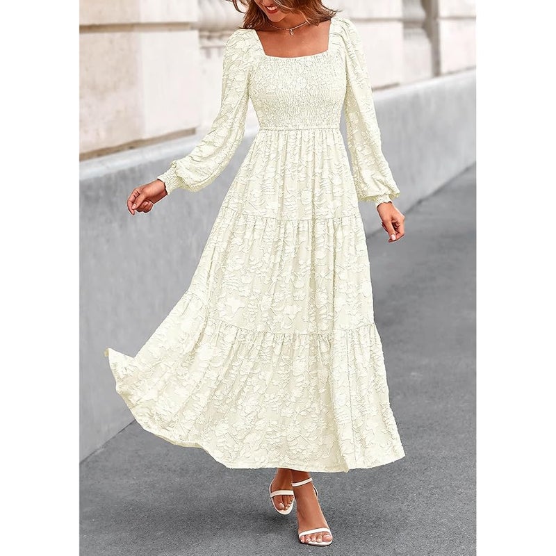 KIRUNDO Wedding Guest Dresses for Women Spring 2026 Long Sleeve Smocked Floral Flowy A Line Boho Maxi Dress Fashion Clothing - Image 3