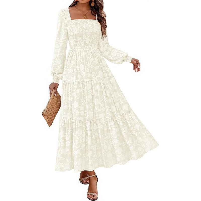 KIRUNDO Wedding Guest Dresses for Women Spring 2026 Long Sleeve Smocked Floral Flowy A Line Boho Maxi Dress Fashion Clothing - Image 1