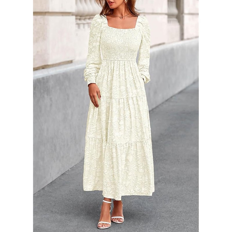 KIRUNDO Wedding Guest Dresses for Women Spring 2026 Long Sleeve Smocked Floral Flowy A Line Boho Maxi Dress Fashion Clothing - Image 5