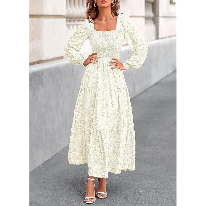 KIRUNDO Wedding Guest Dresses for Women Spring 2026 Long Sleeve Smocked Floral Flowy A Line Boho Maxi Dress Fashion Clothing - Image 4