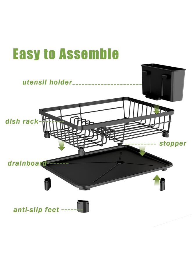 Dish Drainer Rack with Drip Tray, Sink Dish Drainer with Drainage Spout, Stainless Steel Dish Drying Rack with Cups, Utensil & Cutting Board Holders for Kitchen Counter Space-Saving, Black - Image 2