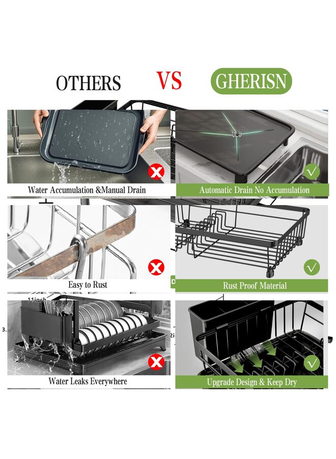 Dish Drainer Rack with Drip Tray, Sink Dish Drainer with Drainage Spout, Stainless Steel Dish Drying Rack with Cups, Utensil & Cutting Board Holders for Kitchen Counter Space-Saving, Black - Image 3