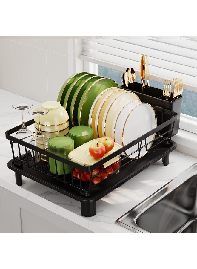 Dish Drainer Rack with Drip Tray, Sink Dish Drainer with Drainage Spout, Stainless Steel Dish Drying Rack with Cups, Utensil & Cutting Board Holders for Kitchen Counter Space-Saving, Black - Image 5