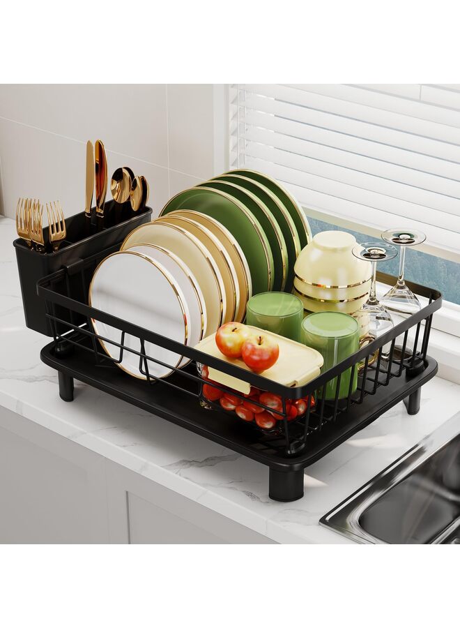 Dish Drainer Rack with Drip Tray, Sink Dish Drainer with Drainage Spout, Stainless Steel Dish Drying Rack with Cups, Utensil & Cutting Board Holders for Kitchen Counter Space-Saving, Black - Image 1