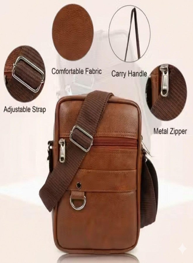حقيبة جانبية قابلة للتعديل من الجلد الصناعي البني للرجال | حقيبة سفر رجالية | حقائب كروس وحقائب مراسلة رجالية | أحدث الهدايا الترويجية للرجال | حقيبة صدر | حقيبة كتف للنقود والمستندات (بني فاتح) - Image 3