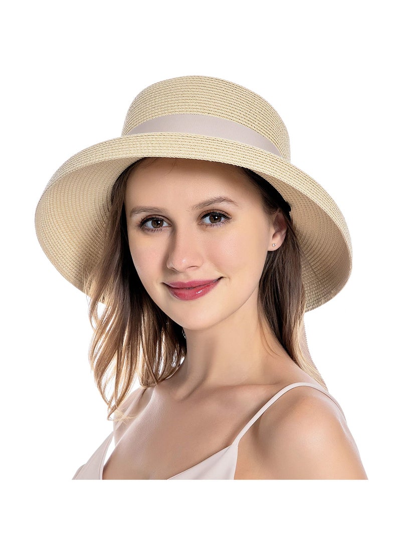Y&D Womens Summer Classical Bowknot Sun Hats Travel Foldable Brim Bucket Hat Vintage Cloche Beach Fishing Cap Straw with Wind Lanyard Floppy Hats for Women UV Protection. - Image 2