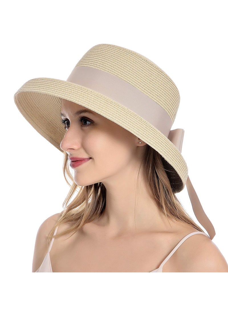 Y&D Womens Summer Classical Bowknot Sun Hats Travel Foldable Brim Bucket Hat Vintage Cloche Beach Fishing Cap Straw with Wind Lanyard Floppy Hats for Women UV Protection. - Image 1